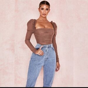 House of CB Emme Mocha Ruched Chiffon Puff Sleeve Bodysuit